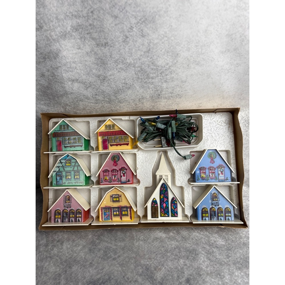 Vtg Alpine Village 10 Plastic Christmas Cottages and Church with Lights in Box